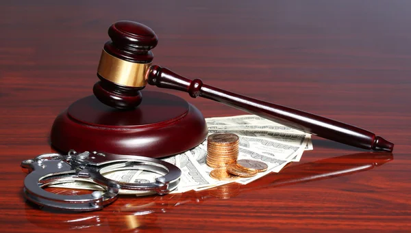 Judge Gavel and Money with Handcuffs. Dollars Bills and Coins — Stock Photo, Image