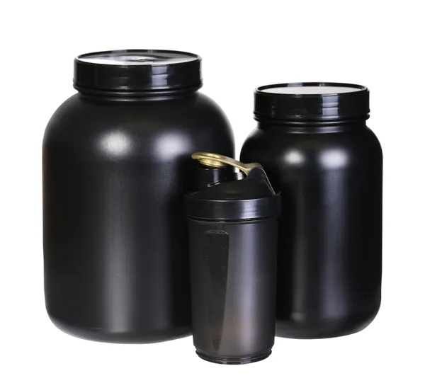 Sport Nutrition Set, Whey Protein and Gainer. Black Plastic Jars — Stock Photo, Image
