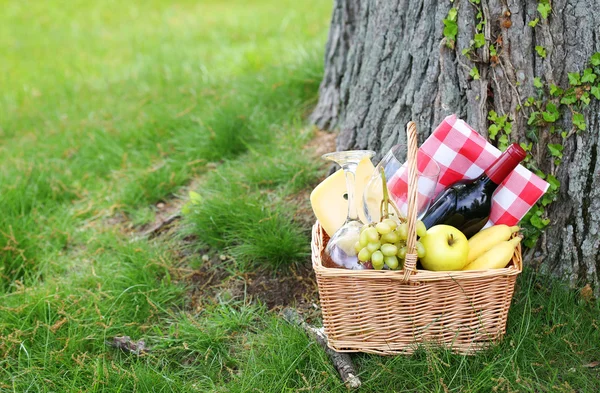 Cesta de picnic con comida sobre hierba verde —  Fotos de Stock