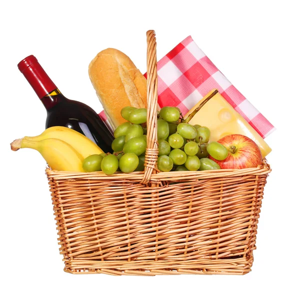 Picnic basket with food isolated on white — Stock Photo, Image