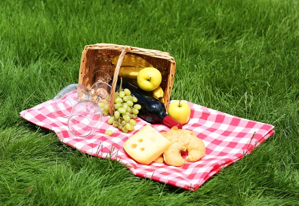 Корзина для пикника с едой на зеленой траве — стоковое фото