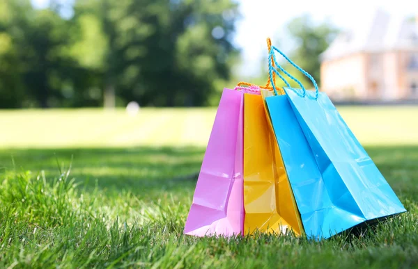 Yeşil çimenlerin üzerinde renkli alışveriş torbaları — Stok fotoğraf