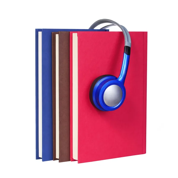 Audiobook concept. Headphones and books isolated on white backgr — Stock Photo, Image