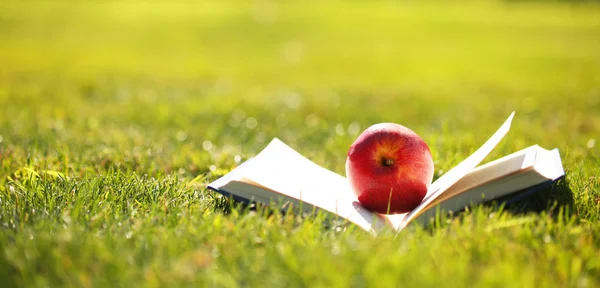 Back to School. Open Book and Apple on Green Grass. — Stock fotografie