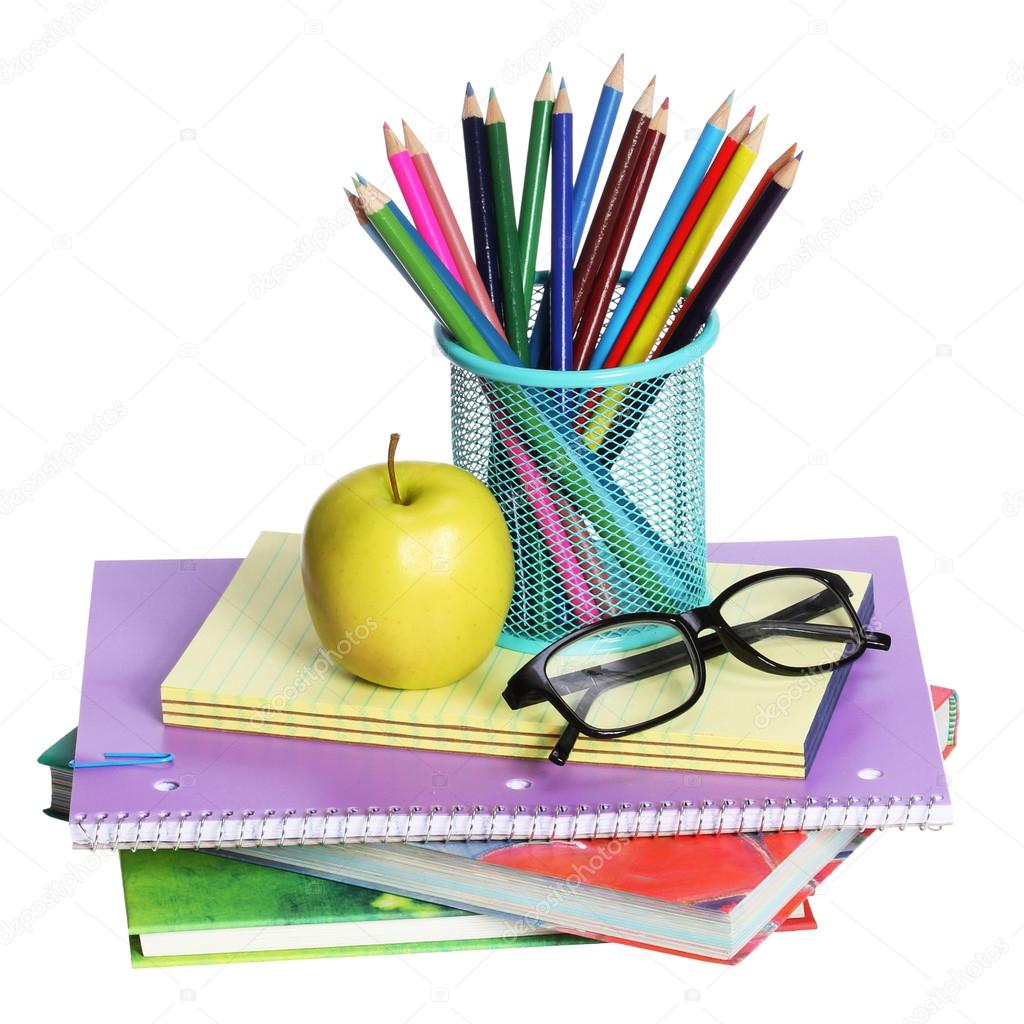 School Supplies isolated. An apple, colored pencils and glasses 