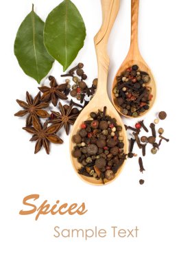 tahta kaşıklar içinde baharatlar