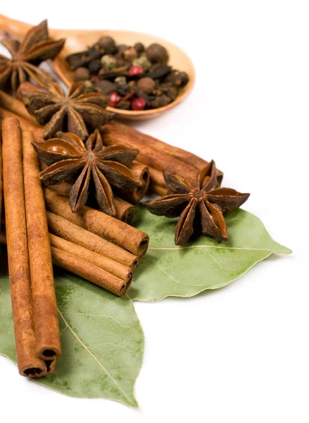 Cinnamon sticks , bay leaf and star anise — Stock Photo, Image