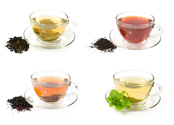 Set of glass cups with different teas — Stock Photo, Image