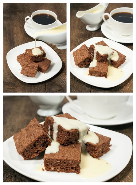 Chocolate cake met melk saus en koffie — Stockfoto
