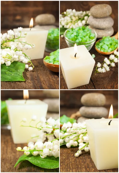 Set of spa still life with a candle , salt and lily of the valle — Stock Photo, Image