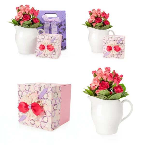 Set a bouquet of roses with gift box — Stock Photo, Image