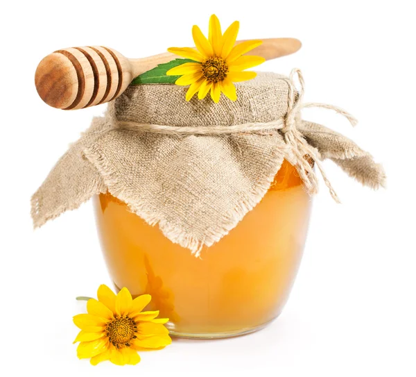 Sweet honey with yellow daisies — Stock Photo, Image