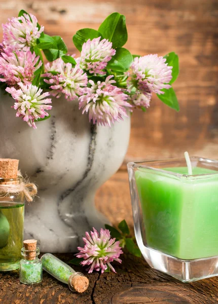 Clover in a stone mortar with a candle — Stock Photo, Image