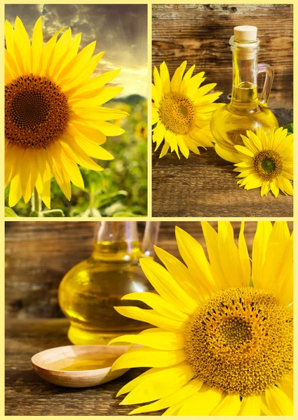 Set of sunflowers and vegetable oil — Stock Photo, Image