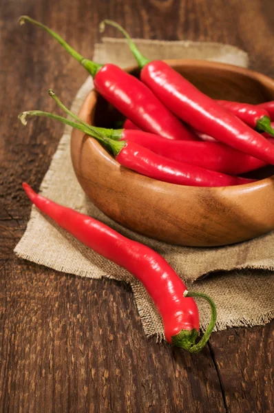 Hot chili in wooden bowl — Stock Photo, Image