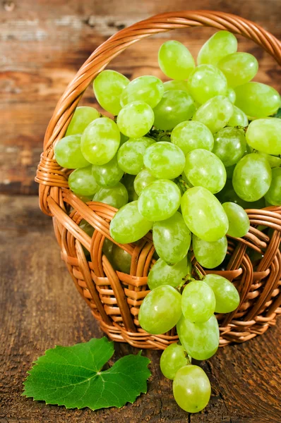 Zielony winogron w bliska wikliny kosz — Zdjęcie stockowe
