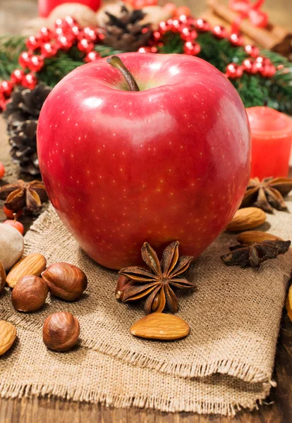 Red winter apple with nuts and star anise — Stock Photo, Image