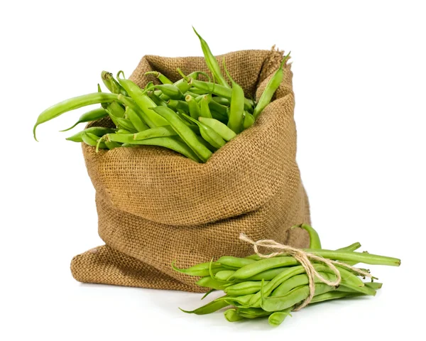 Zelené fazolky v pytli — Stock fotografie