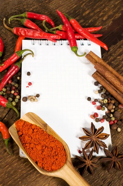 Notebook paper with various spices — Stock Photo, Image