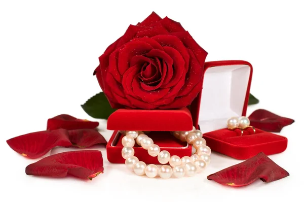 Pearl necklace and earrings in a red gift box with a rose and petals — Stock Photo, Image