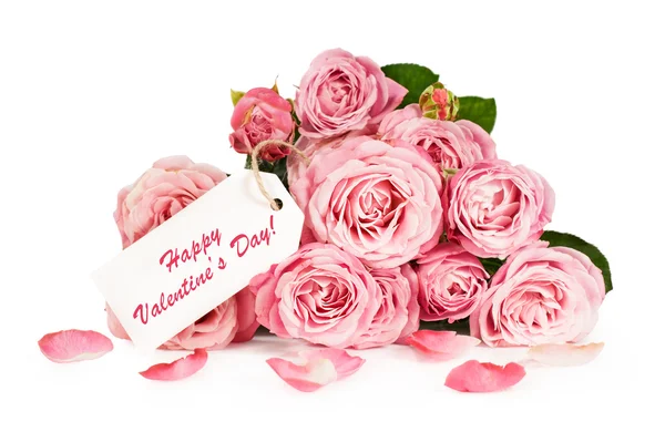 Bouquet of pink roses with card — Stock Photo, Image