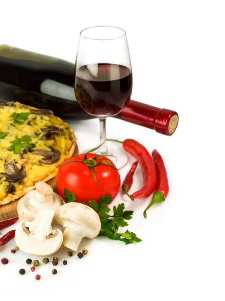 Pizza with wine and ingredients — Stock Photo, Image