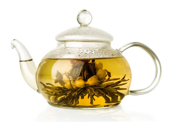 Цвітіння зеленого чаю в скляному чайнику — стокове фото