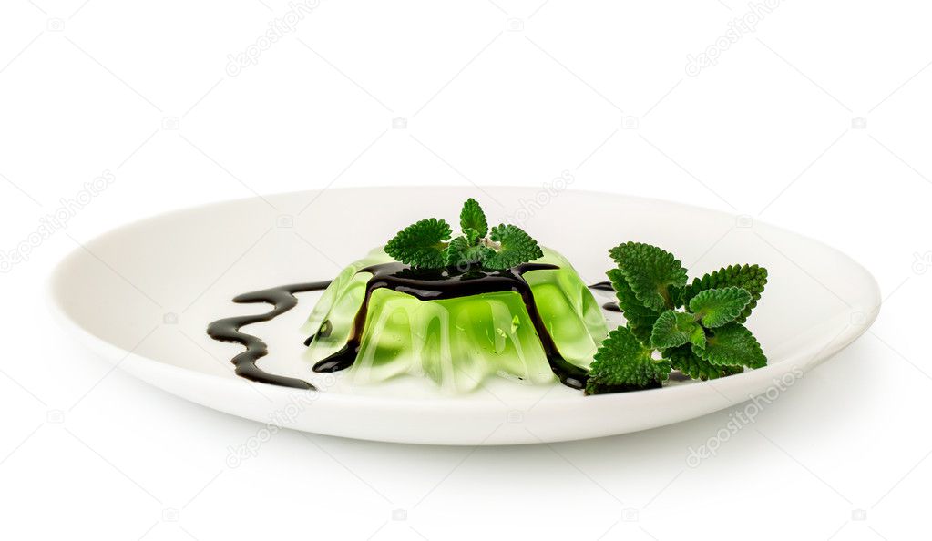 green jelly dessert with chocolate and mint 