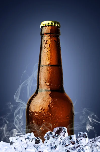 A cold beer in a brown bottle with ice cubes — Stock Photo, Image