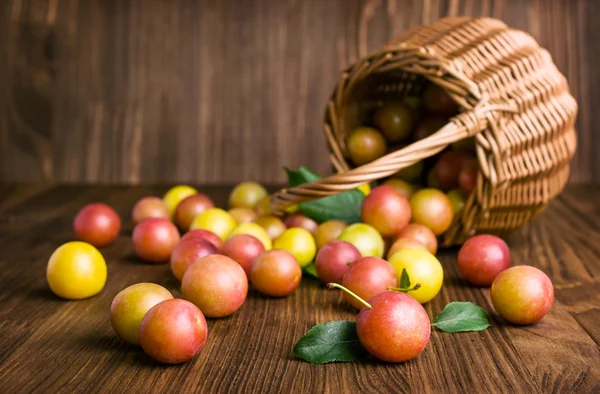 Prugne mature in un cesto di vimini — Foto Stock