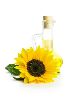 Ayçiçek yağı ve ayçiçeği ile cam şişe 