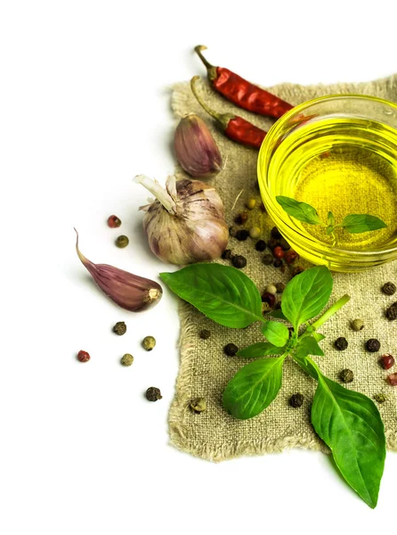 Olive oil , basil and spices — Stock Photo, Image
