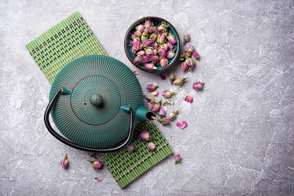 Traditional Green Turquoise Asian Cast Iron Kettle Herbal Tea Dried — Stock Photo, Image