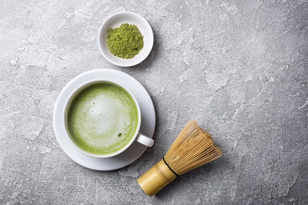 Top View Organic Green Matcha Tea Latte Bamboo Whisk Grey — Stock Photo, Image