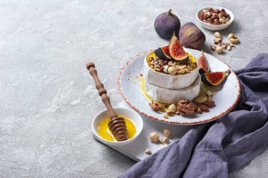 Beyaz peynirli gurme aperatifi ya da gri beton arka planda taze incir, fındık ve bal içeren camembert peyniri.