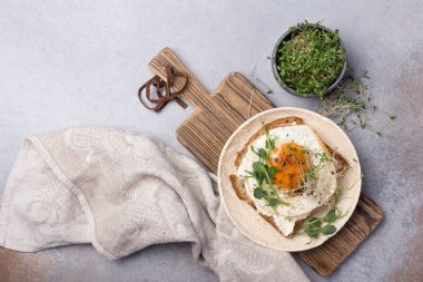 Yağda yumurta, tost, yonca ve yeşil bezelye filizli sandviçin üst görüntüsü gri beton arka planda kahvaltı için mikroyeşil.