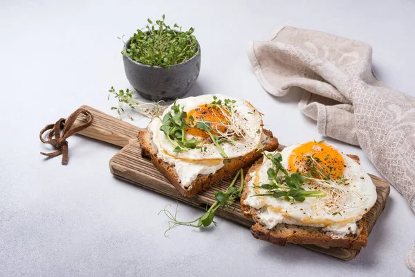 Toasts Fried Eggs Alfalfa Green Pea Sprouts Microgreen Breakfast Grey — Stock Photo, Image