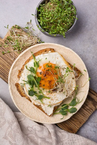 Top View Sandwich Fried Egg Toast Alfalfa Green Pea Sprouts — Stock Photo, Image