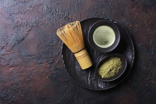 Top View Organic Green Matcha Tea Bamboo Whisk Dark Concrete — Stock Photo, Image
