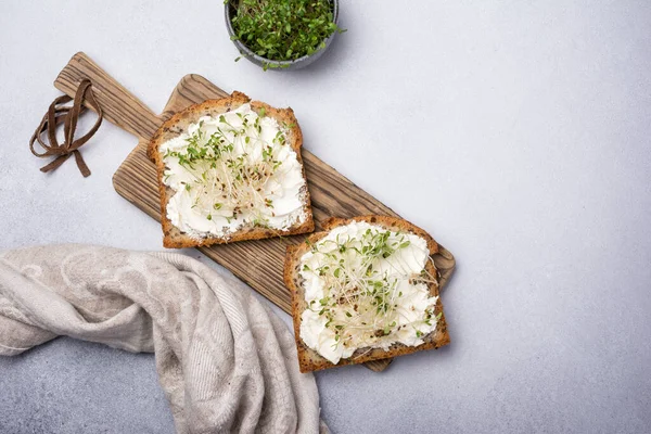 Top View Sandwich Soft Cheese Toasts Alfalfa Sprouts Microgreen Breakfast — Stock Photo, Image