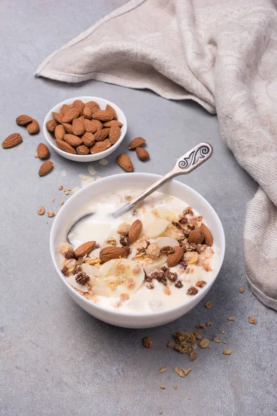 Granola Yogurt Fresh Banana Almond Nuts Healthy Breakfast Grey Concrete Stock Image