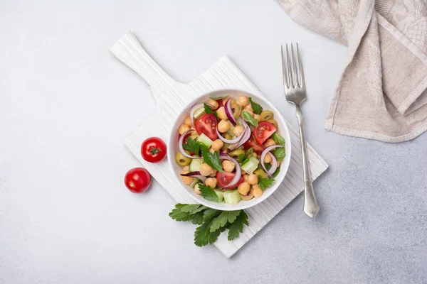 Healthy Tasty Vegan Food Top View Chickpea Salad Parsley Cherry — Stock Photo, Image