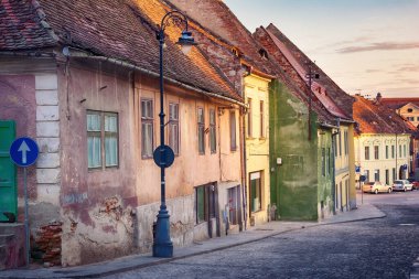 Cityscape with beautiful old buildings in historical center of Sibiu town Transylvania, Romania, Europe