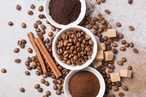 Top View Roasted Beans Ground Coffee White Bowls Brown Sugar — Stockfoto