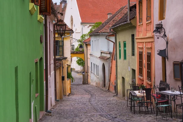 Romanya 'nın Transilvanya kentindeki Sighisoara kasabasındaki renkli bir Avrupa caddesinin güzel manzarası