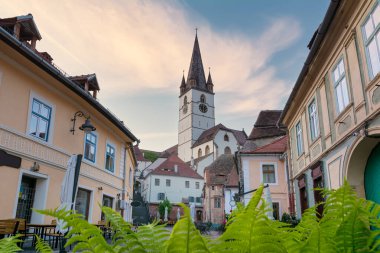 Cityscape with beautiful old buildings in historical center of Sibiu town Transylvania, Romania, Europe