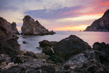 Beautiful sunset landscape of the coast Ionian Sea in the Corfu or Kerkyra is a Greek island, Europe