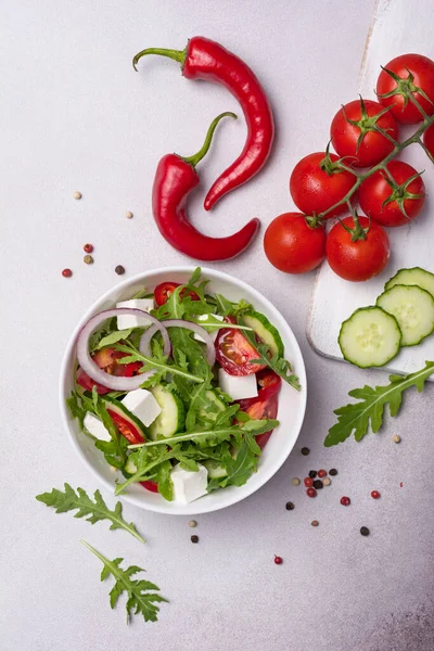 Top View Healthy Tasty Vegetarian Food Salad Fresh Arugula Leaves — Stockfoto