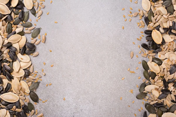 Верхний Вид Тыквы Подсолнечника Семян Льна Здорового Питания Сером Бетонном — стоковое фото