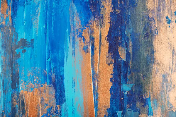 青と金色の手のストロークで抽象的なアクリル絵具の背景の色 — ストック写真